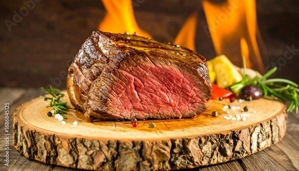Obraz Grilled steak on wooden platter, surrounded by vegetables