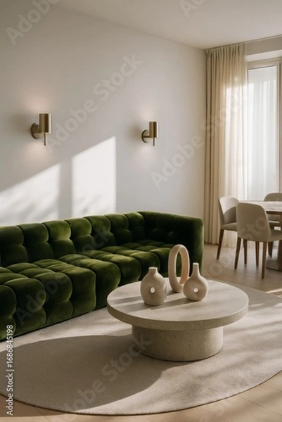 Fototapeta Minimalist living room with green velvet sofa, round stone coffee table and decorative vases