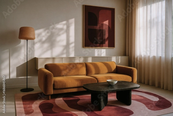 Fototapeta Modern living room with mustard sofa, abstract red wall art, and bold patterned rug in natural light