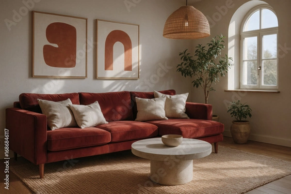 Fototapeta Modern living room with red velvet sofa, neutral pillows, abstract wall art, and natural daylight