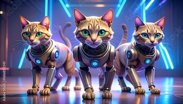 Fototapeta Three robotic cats in a futuristic setting