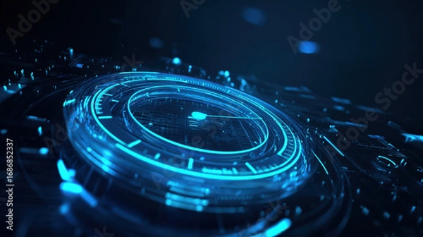 Fototapeta A futuristic neon blue digital countdown timer glowing in the dark, symbolizing anticipation for an upcoming release with floating holographic elements enhancing the high-tech atmosphere.