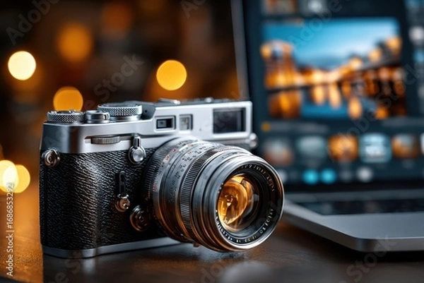 Fototapeta Vintage camera and laptop on a table with bokeh background
