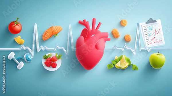 Fototapeta An informative infographic showcasing key elements of cardiac health, including healthy foods, exercise, and stress management, designed with engaging visuals to promote awareness and education about 