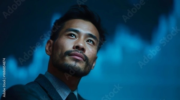 Fototapeta Asian businessman looks up thoughtfully analyzing financial data on a futuristic blue screen