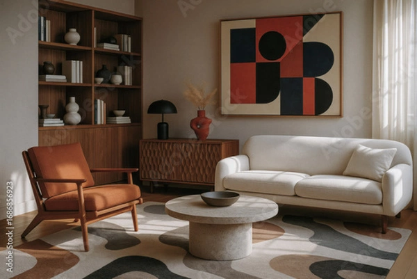 Fototapeta Mid-century modern living room with white sofa, rust armchair, abstract rug, and wooden shelves