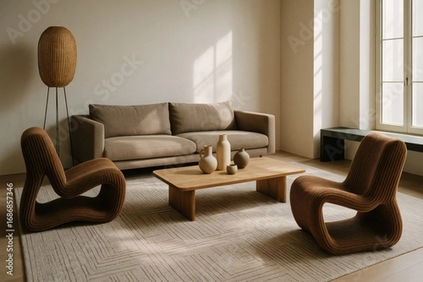 Fototapeta Modern neutral living room with taupe sofa, sculptural chairs, and wooden coffee table