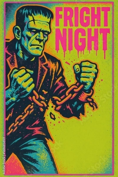 Fototapeta Fright Night Frankenstein poster with chains and copy space for Halloween events
