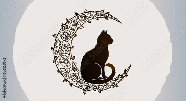 Fototapeta Minimalist Vector SVG Icon of Cat Silhouette Inside Ornamental Rose Moon in Modern Flat Style for Web and Digital Design