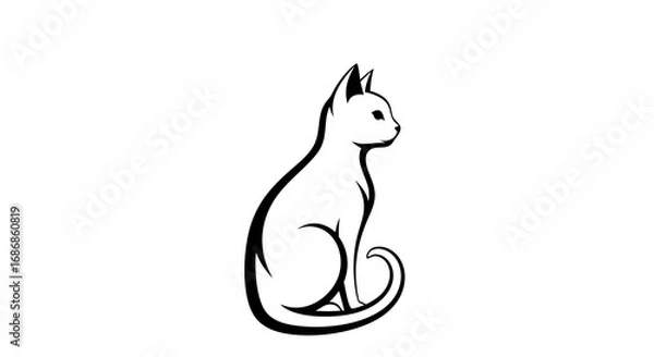 Fototapeta Minimalist line drawing of a sitting cat in black on white background