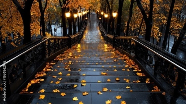 Fototapeta Atmospheric autumn steps with golden leaves and glowing lampposts after rain