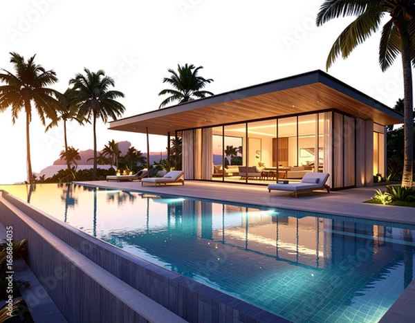 Fototapeta Modern Architecture Design of Luxury Single Villa with Poolside Elegance