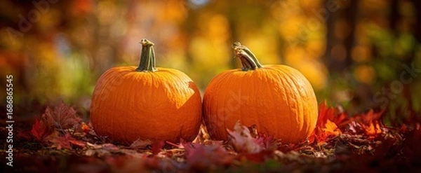 Fototapeta The Pumpkins Resting on Autumn Leaves in a Warm Golden Forest Light
