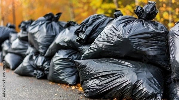 Fototapeta Piles of black garbage bags on the roadside with autumn trees, representing waste disposal and environmental issues.