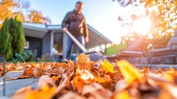 Fototapeta Autumn yard work: Raking vibrant fall leaves in a sunlit garden