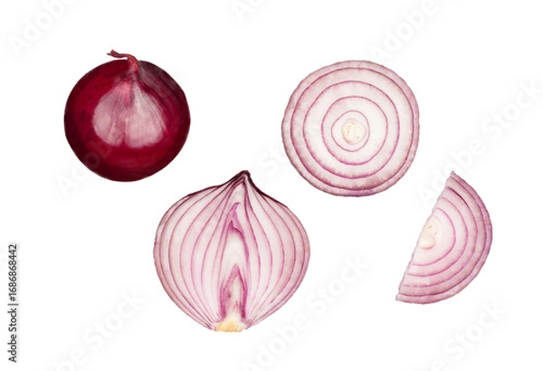 Fototapeta Red onion and slices isolated on a white background, contour