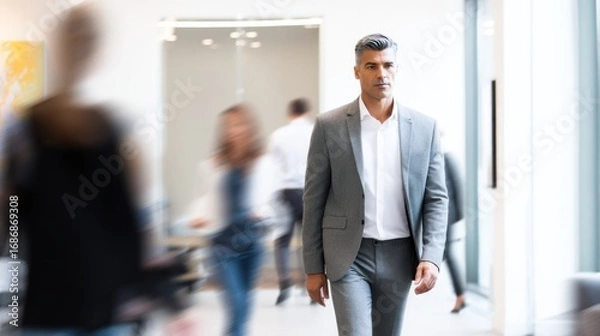 Fototapeta Man in suit walks in blurry office setting with other people present.