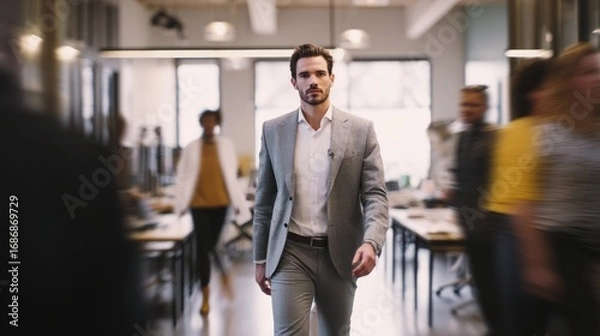 Fototapeta Man in suit walks through busy office space with blurred people.