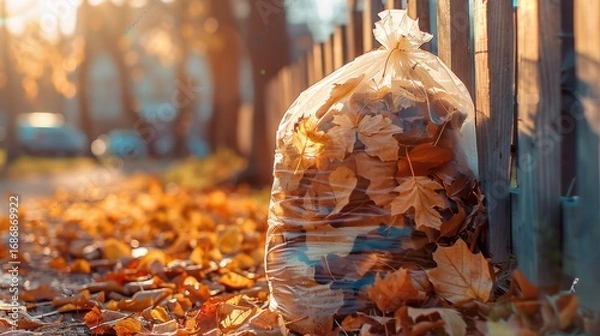 Fototapeta Clear Plastic Bag Filled with Golden Autumn Leaves Next to a Wooden Fence on a Sunny Day