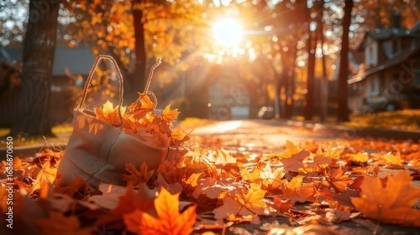 Fototapeta Warm Autumn Leaves Blanketing a Sun-Drenched Street with a Bag of Collected Foliage