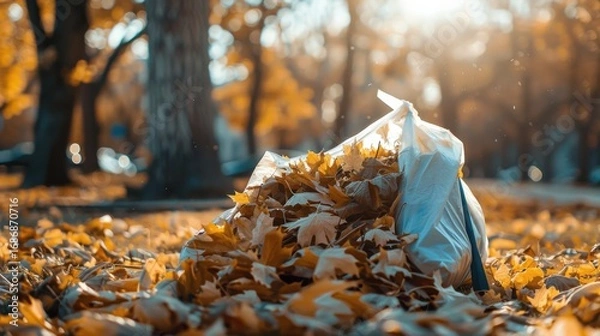 Fototapeta Plastic bag full of golden autumn leaves on the ground, illuminated by warm sunlight during fall cleanup in a park.