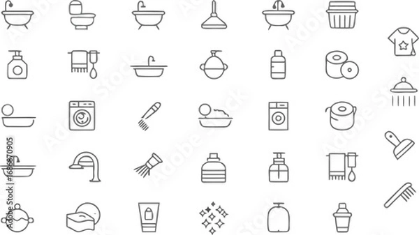 Fototapeta Bathroom and cleaning essentials line icons set – bathtub, sink, washing machine, soap, towel, hygiene, outline vector symbols for home