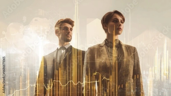 Fototapeta Two people in suits stand against an abstract cityscape background with golden hues.
