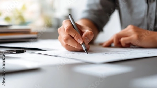 Fototapeta Person writing on paper with pen at desk near window light.