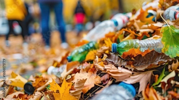 Fototapeta Plastic bottles and litter polluting vibrant autumn leaves on the ground, illustrating environmental waste and human impact