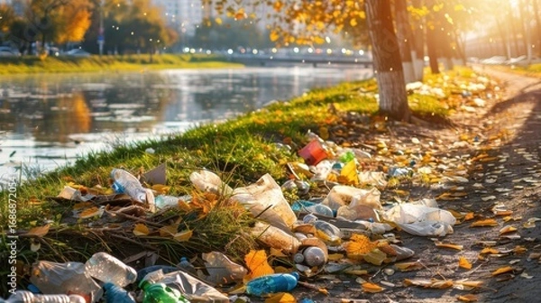 Fototapeta Littered riverside path with plastic waste and autumn leaves under golden sun, illustrating environmental pollution.