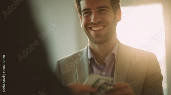 Fototapeta Man smiling receiving money from another person indoors in a well-lit environment.