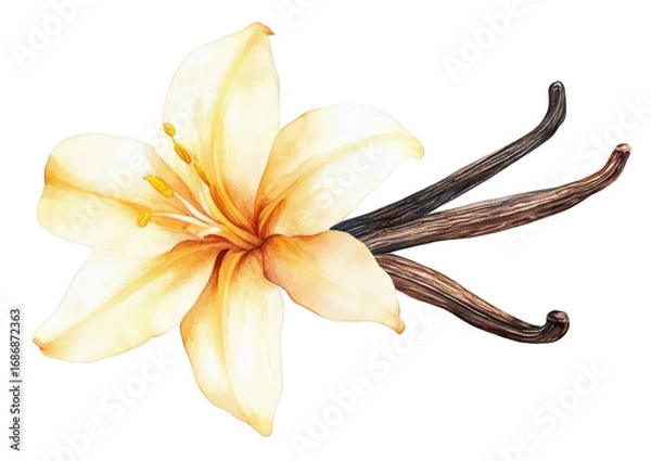 Fototapeta Watercolor vanilla flower isolated on transparent background, a botanical illustration