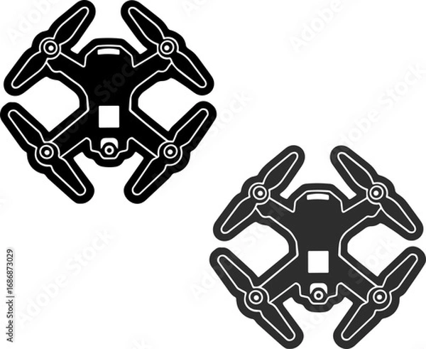 Fototapeta Drone icon in the form of two silhouettes, black and gray colors. Two icons of quadcopters, combat aerial drones, quadcopter icon.
