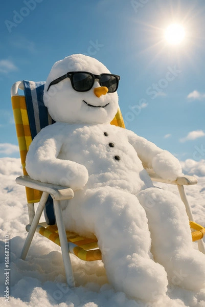 Fototapeta Funny snowman wearing sunglasses relaxing on a beach chair under the sun, blending winter charm with summer vibes in a whimsical contrast