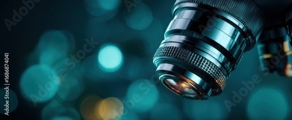 Fototapeta The Camera Lens Close Up with Blue Bokeh Lighting and Metallic Detail