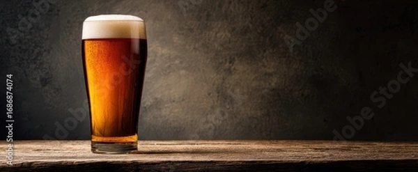 Fototapeta The Pint of Beer in a Glass on a Rustic Wooden Table with Dark Background