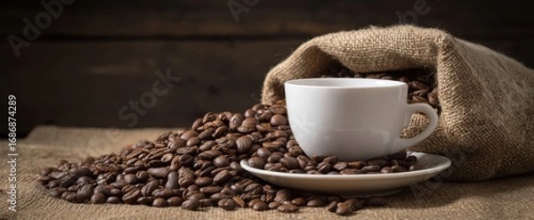 Fototapeta The coffee cup surrounded by roasted beans on burlap sack with rustic background