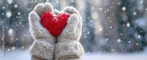 Fototapeta The heart held in woolen mittens amidst falling snow symbolizing warmth and love