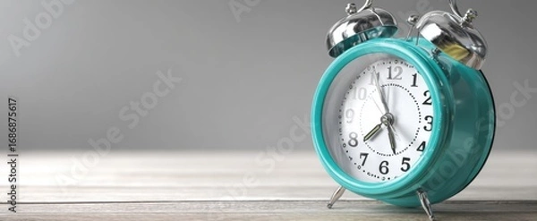 Fototapeta The Teal Alarm Clock on a Wooden Table with Ample Copy Space for Time