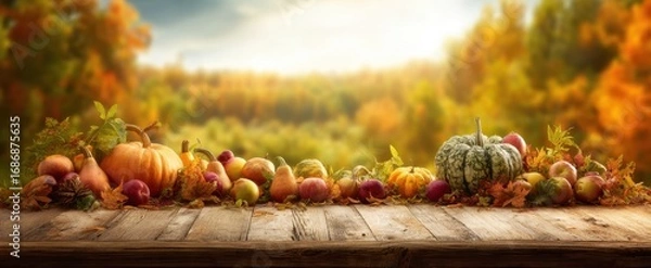 Fototapeta The Pumpkins on Rustic Wooden Table with Autumn Harvest and Soft Bokeh