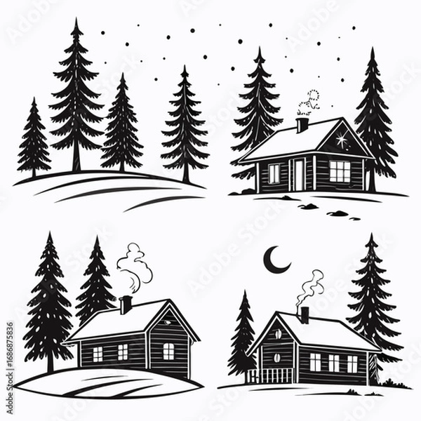 Obraz Winter cabins pine trees snowy landscape vector