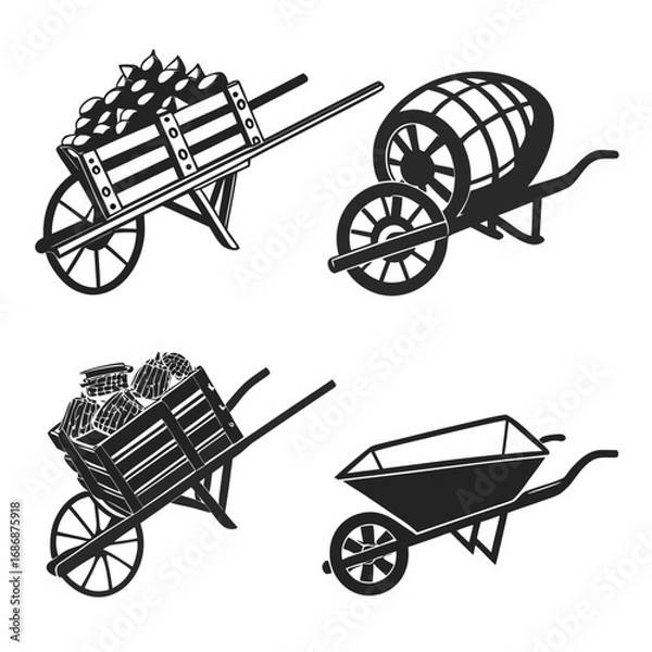 Obraz Wooden carts and wheelbarrows with produce and barrel