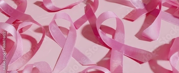 Fototapeta The Pink Ribbons Arranged on a Pastel Background for Awareness and Support