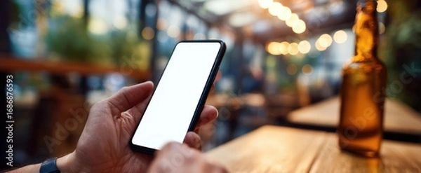 Fototapeta The smartphone with blank screen in a cozy bar setting with beer bottle