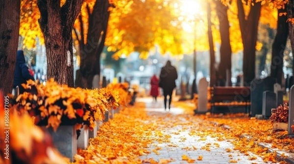 Fototapeta Golden Autumn Park Path with Sunlit Foliage and Distant Figure Walking Amidst Fallen Leaves