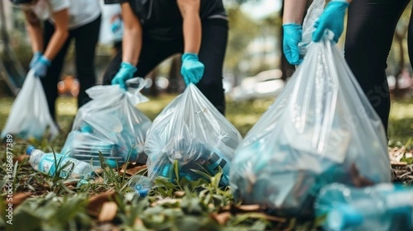 Fototapeta Volunteers Picking Up Litter and Collecting Trash in Plastic Bags for Environmental Cleanup and Waste Management