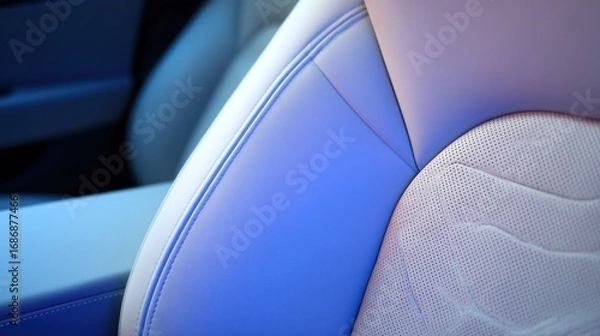 Fototapeta Close up of a car seat with white leather and visible stitching.