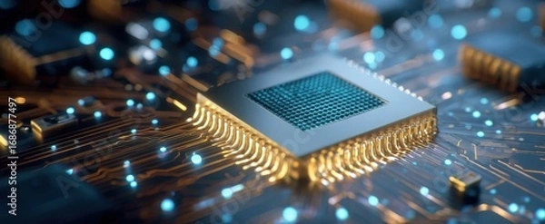 Fototapeta The Microchip Mounted on a Glowing High Tech Circuit Board Evoking Futuristic Computing Power