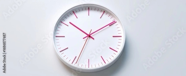 Fototapeta The wall clock with pink hands on a minimalist white modern background