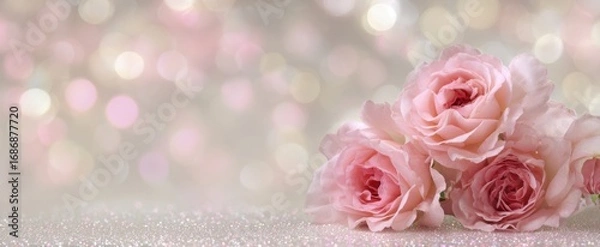 Fototapeta The Pink Roses on Sparkling Glitter Surface with Soft Bokeh Romantic Background